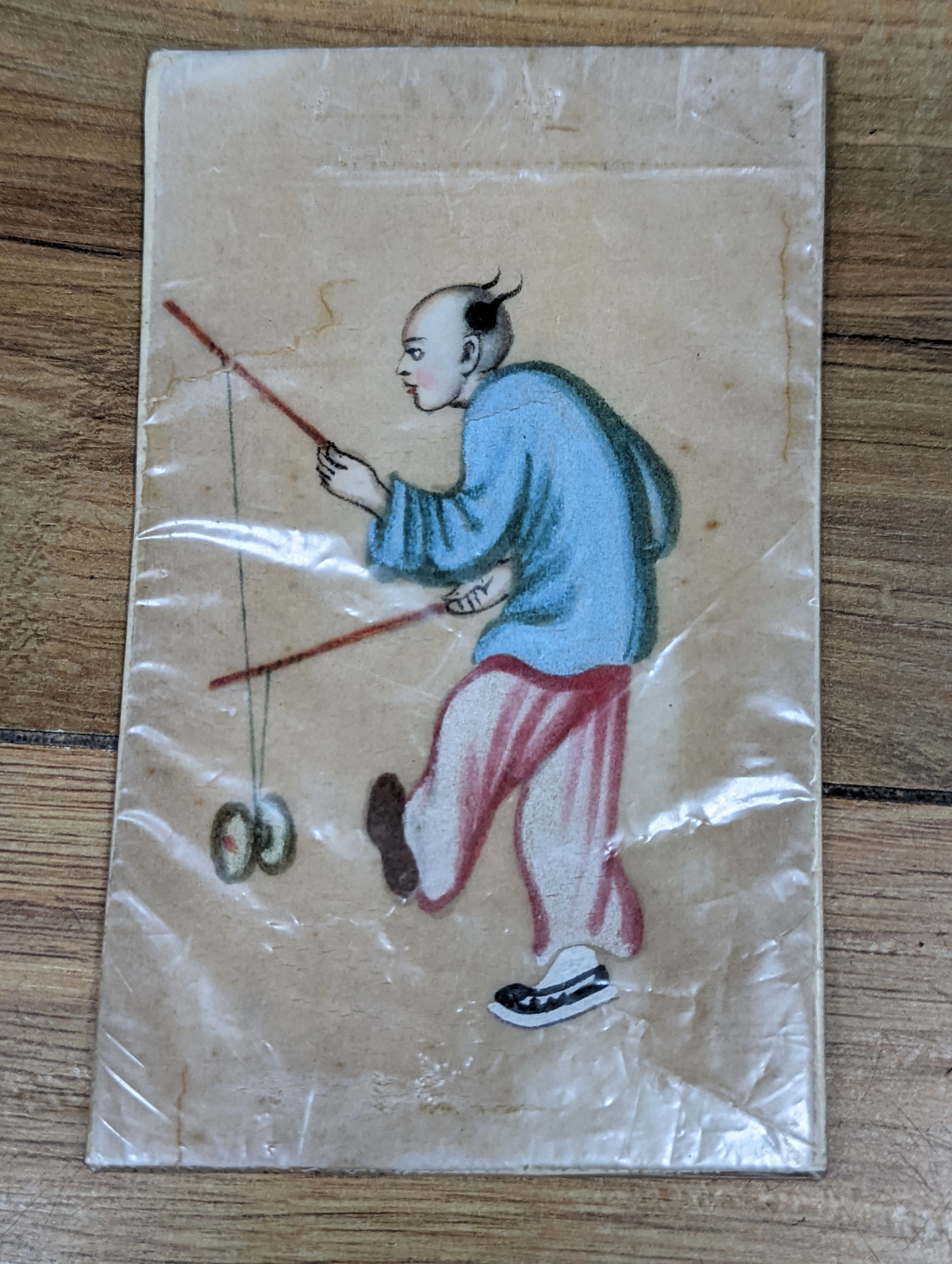 A group of ten assorted Chinese gouache on pith paper paintings, Studies of figures and junks, largest 15 x 10cm
